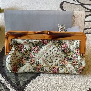 Vintage Tapestry Clutch with Tortoise Shell looking Frame